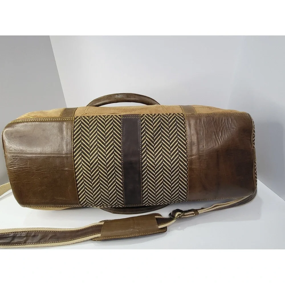Vaan & Co Upcycled Leather Suede Duffle Bag Brown Chevron Weekender Travel Bag